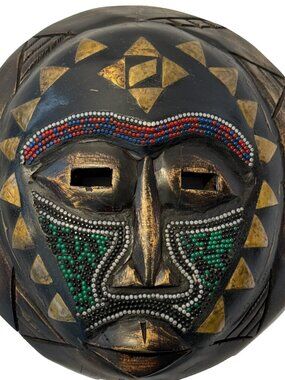 VINTAGE AFRICAN TRIBAL MASK BEADED WOOD METAL HANDCRAFTED IN GHANA ROUND 10.25"